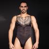 Sexy Men Lace Deep V Neck Tank Top Bodysuit Sheer See Through Backless Vest One Pieces Thong Gay Tights Elastic Leotard