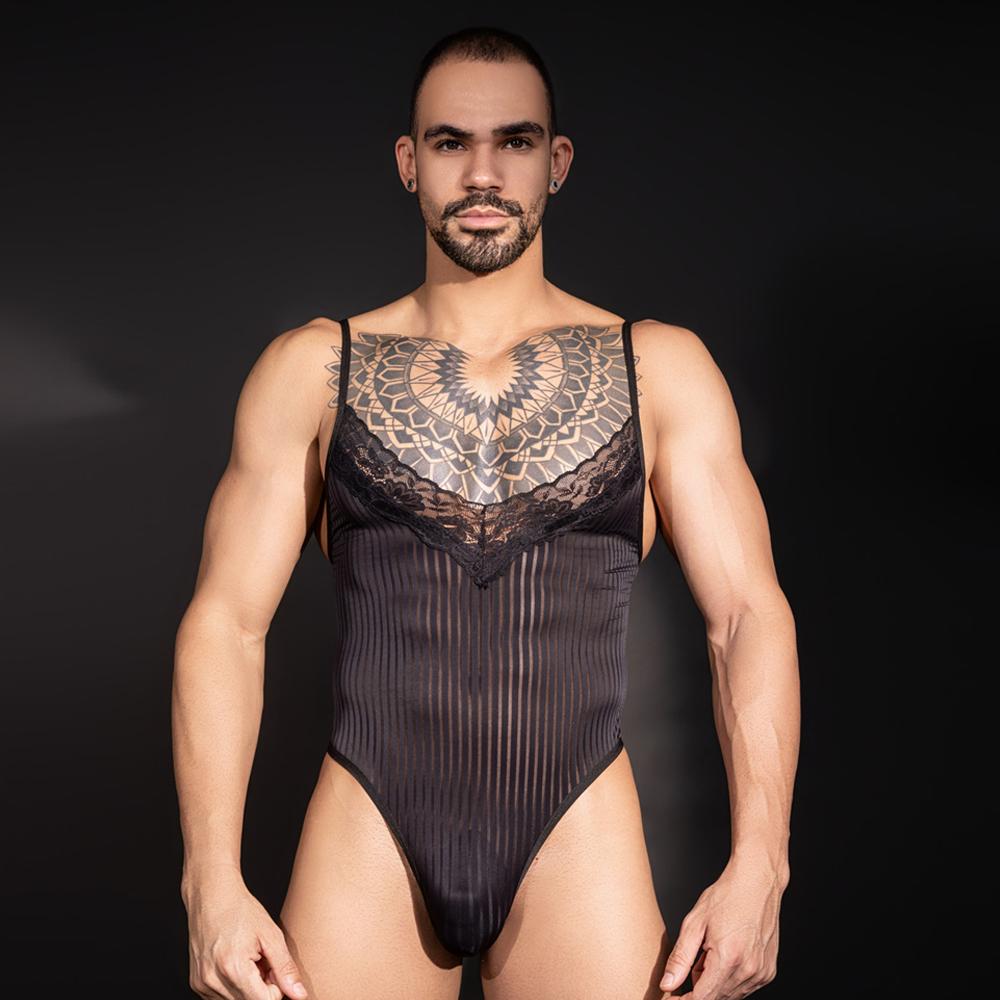 Sexy Men Lace Deep V Neck Tank Top Bodysuit Sheer See Through Backless Vest One Pieces Thong Gay Tights Elastic Leotard