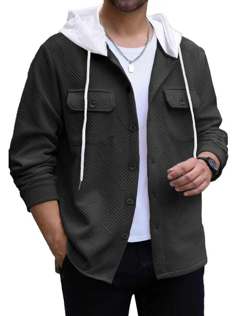 Men's Autumn/Winter Color Block Hooded Jacquard Sweatshirt with Buttons and Pockets