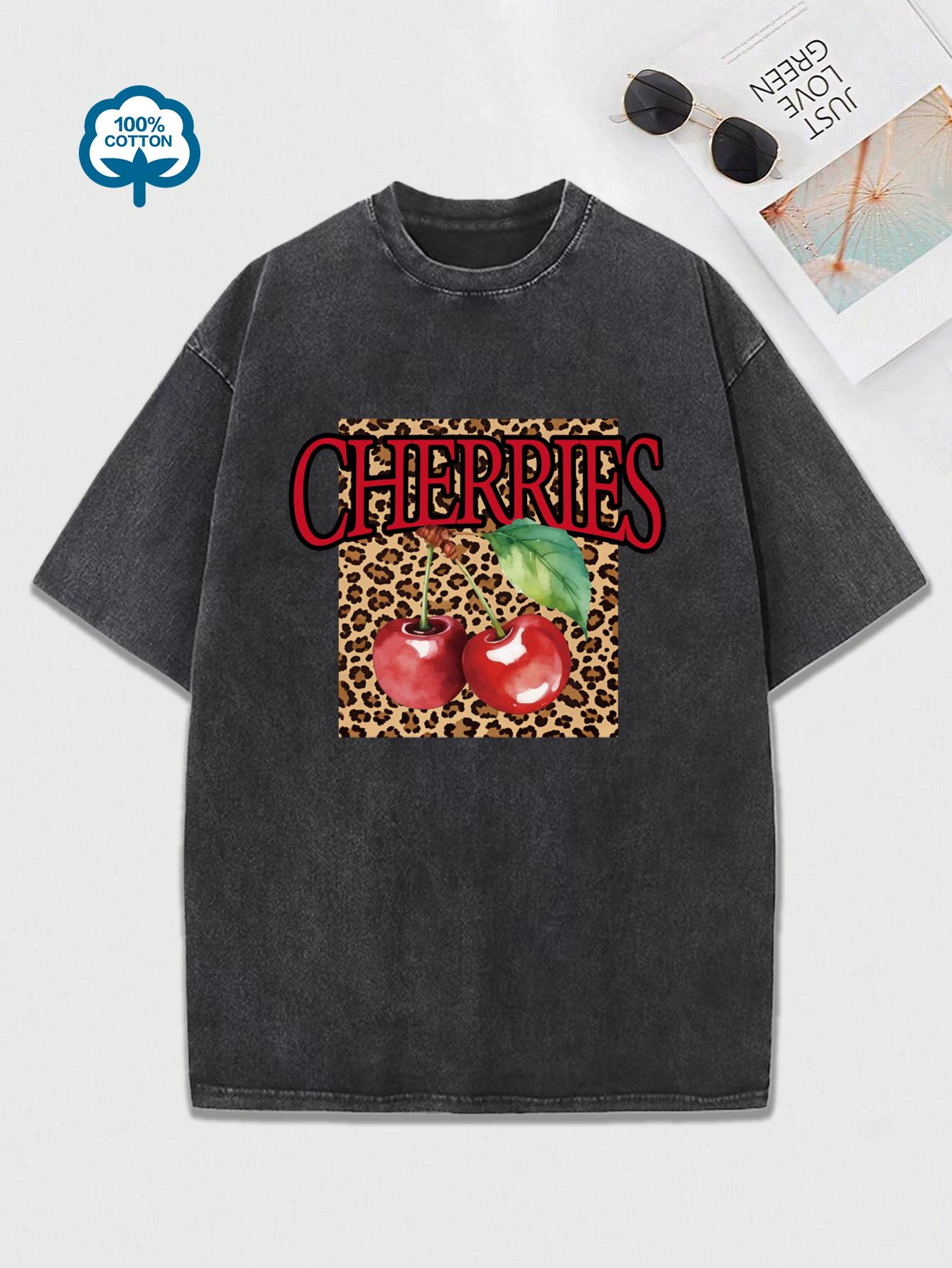 

Креативный леопардовый принт с рисунком вишни и фруктов, потертая футболка, женская повседневная хлопковая футболка, мягкий свободный топ с коротким рукавом S