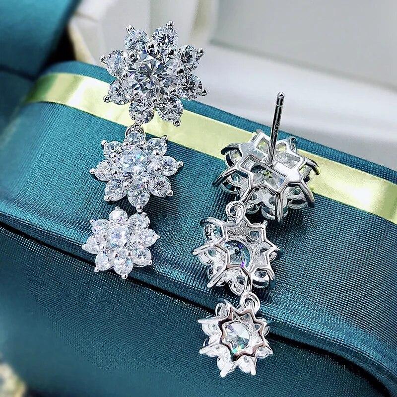 Sterling Funkelnde 100% 925 Silber 5A Zirkon Voller Diamanten Drei Blumen Ohrringe Für Frauen Partei Schmuck
