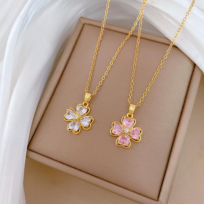 Necklace Earrings Set Light Luxury Full Diamond Four-Leaf Flower Love Personality Temperament Banquet Earrings Item Group
