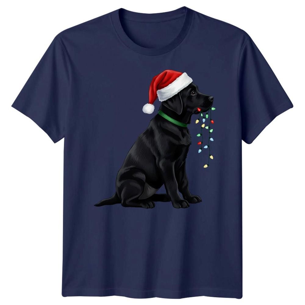 Black Labrador Dog Christmas Holidays Unisexs Unisexs Graphic Tee Santa Hat Lights