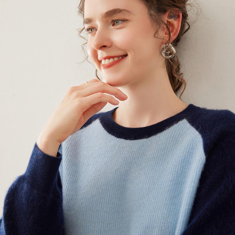 Women's Color Block Cashmere Sweater - Round Neck, Thick Knitwear for Autumn/Winter, Soft and Cozy Pullover