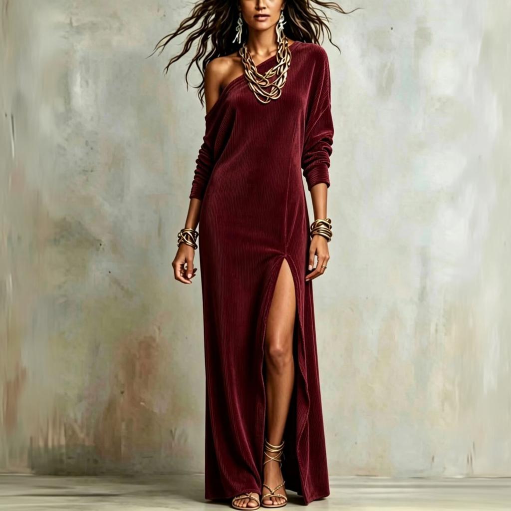 Women's One-Shoulder Corduroy Dress with Side Slit, Vintage for Daily Wear