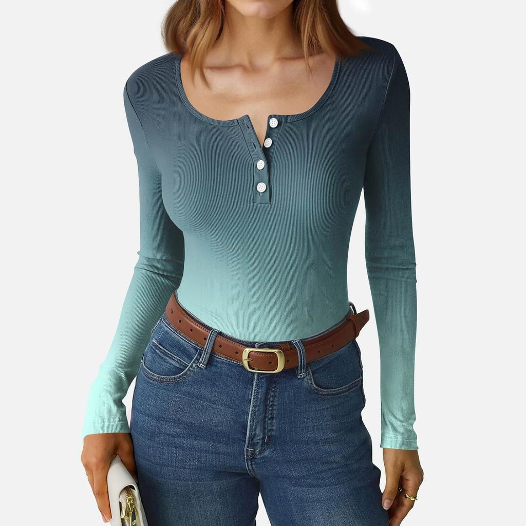 Dámské tričko s úzkým spodním lemem Módní ležérní s gradientním potiskem Kulatý výstřih Pulovr Dlouhý rukáv Top