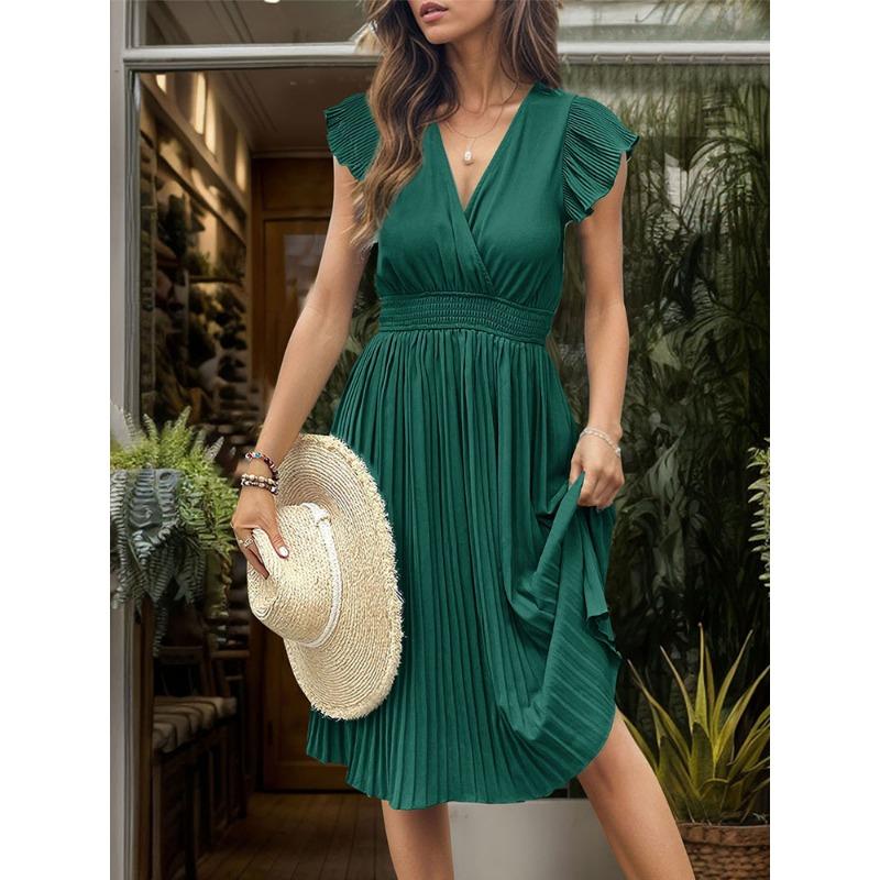 Women's Summer Pleated Skirt Elegant Short-sleeved Solid Color Dress