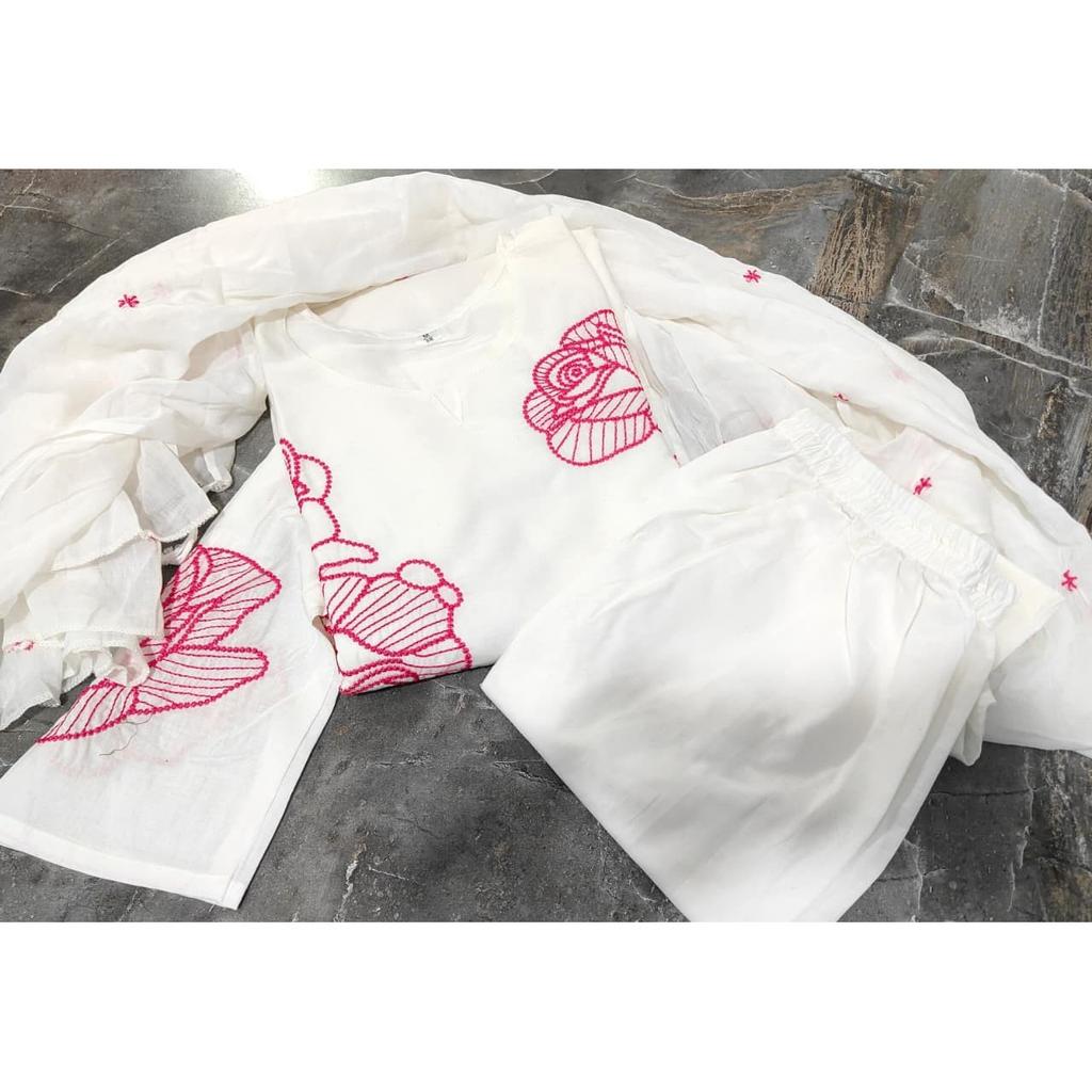 Beautiful White Pure Cotton Kurti Pant Dupatta Set Indian Designer Kurta Set