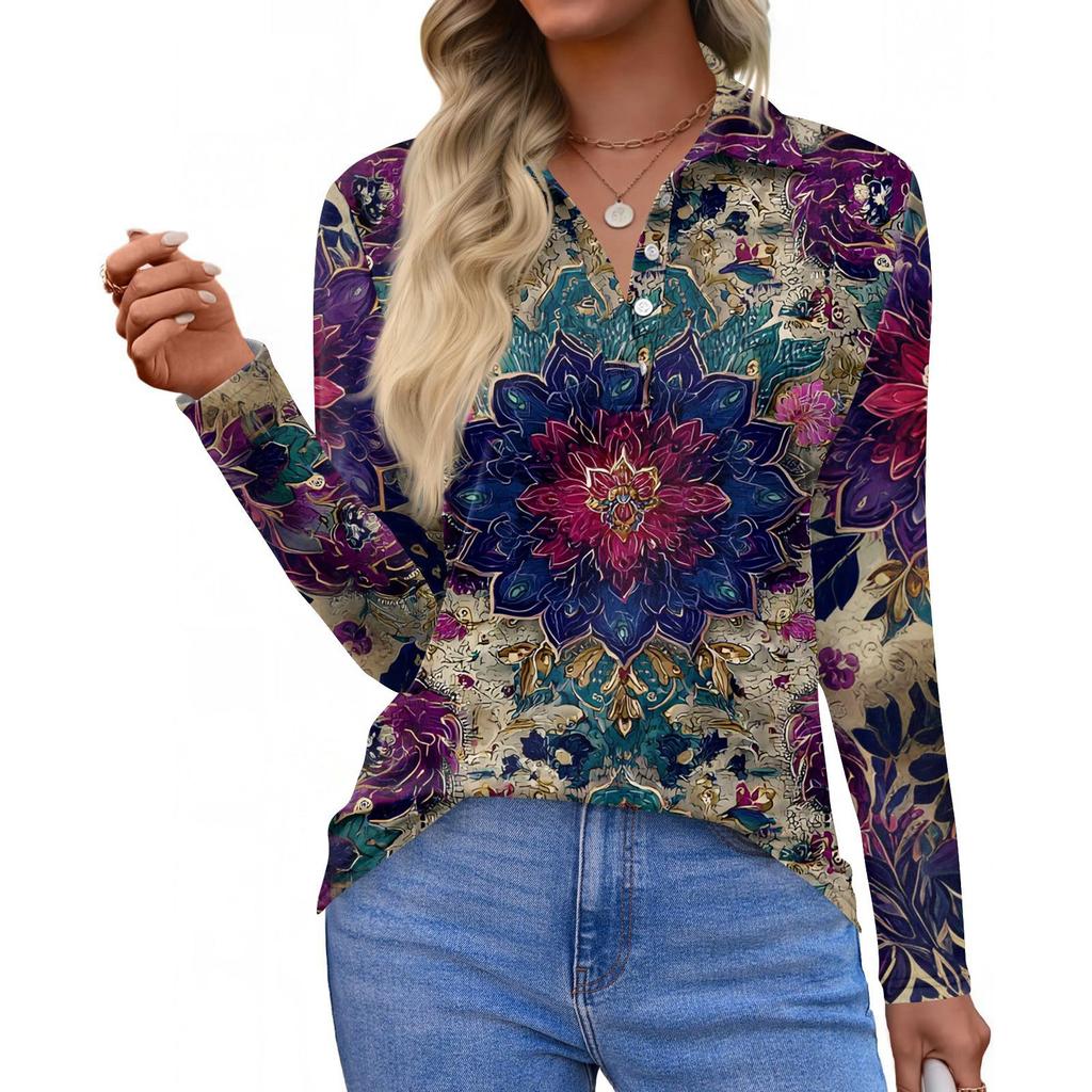 Dame Mote Casual Revers Kortermet Langermet Print Skjorte Dame Knapper Opp Topper