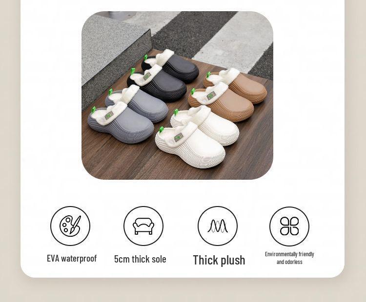 Men's Waterproof Indoor/Outdoor Plush Slippers with Thick Sole and Closed Toe for Winter Warmth.