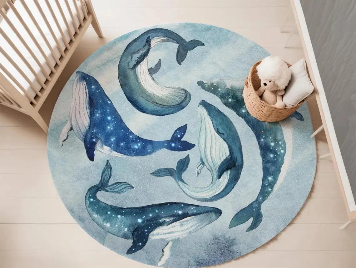 

Round Blue Ocean-Themed Soft Rug for Kids Playroom Living Room Nursery Bedroom Decor Diameter 60cm