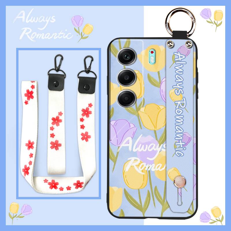 Durable Lanyard Phone Case For Tecno Camon40 Pro 4G/5G/CM6/CM7 Waterproof Back Cover Oil Painting Ring Silicone Flower