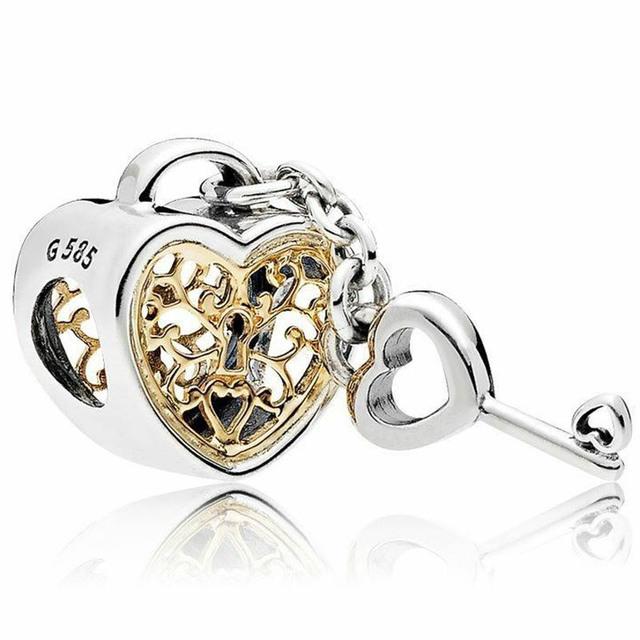 New 925 Sterling Silver Gold Padlock & Key Dangle Charm Fit  Original  Silver Bracelet Beads for Women Fine Jewelry Gift