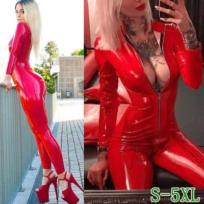 Women's Fashion Long Sleeve Red Paint Leather Catsuit PVC Latex Bodysuit Front Zipper Open Crotch Stretch Street Style Jumpsuit Plus Size