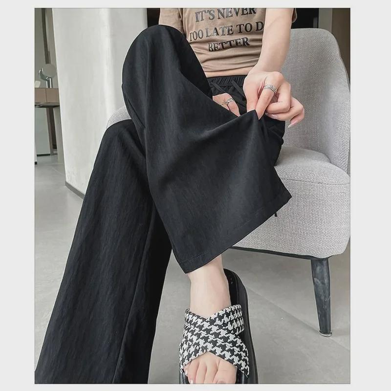 

Black Summer Thin Wide-Leg High-Waist Drawstring Trousers Medium хакі
