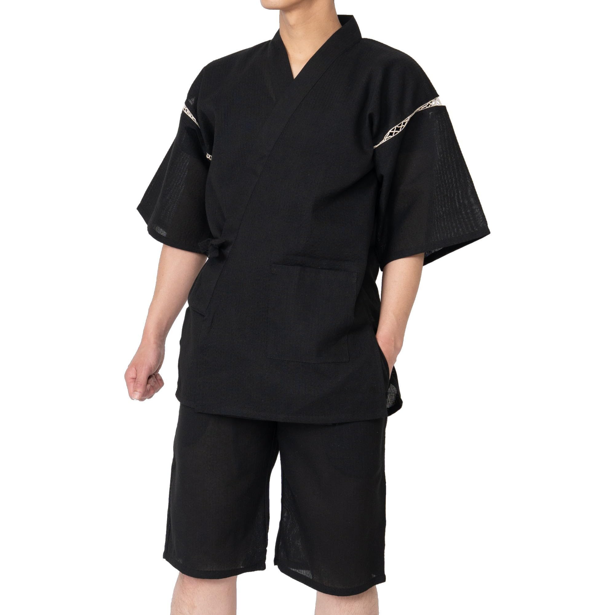 [Mori-oru] Shijira Weave Jinbei (Men s) Size L, Black [Jinbei, Cool, 100% Cotton, Men s, Summer, Loungewear, Gift, Present]