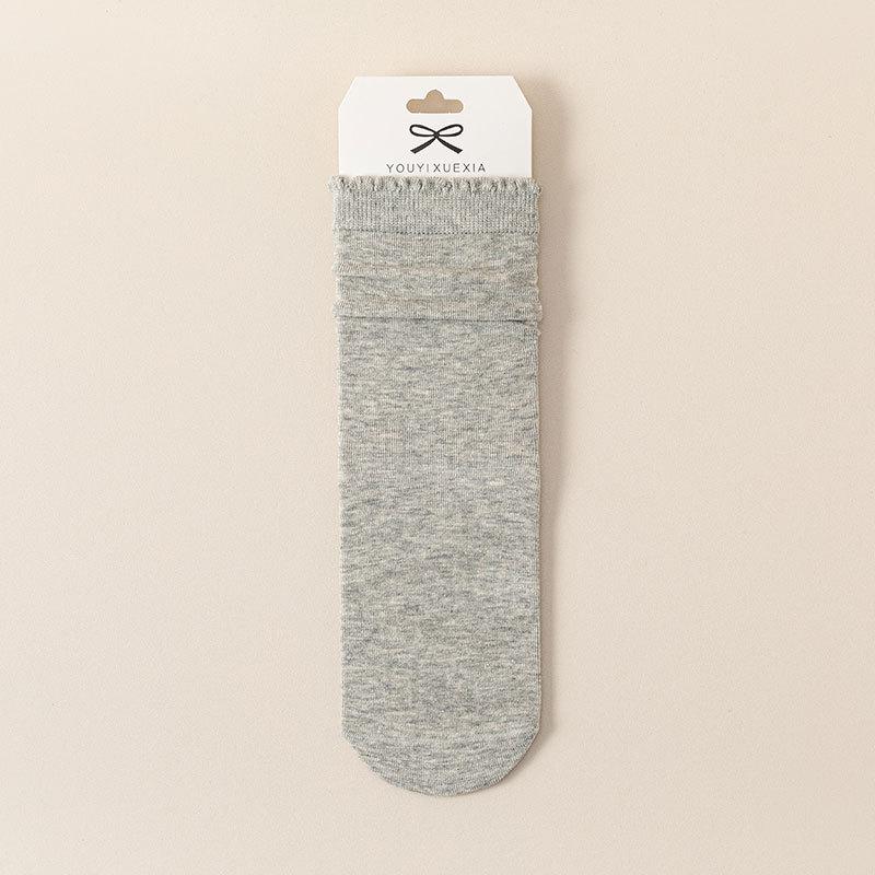 Ladies Spring and Autumn Wood Ear Lace Sports Solid Color Preppy Style Boneless Mid Barrel Pile Cotton Socks