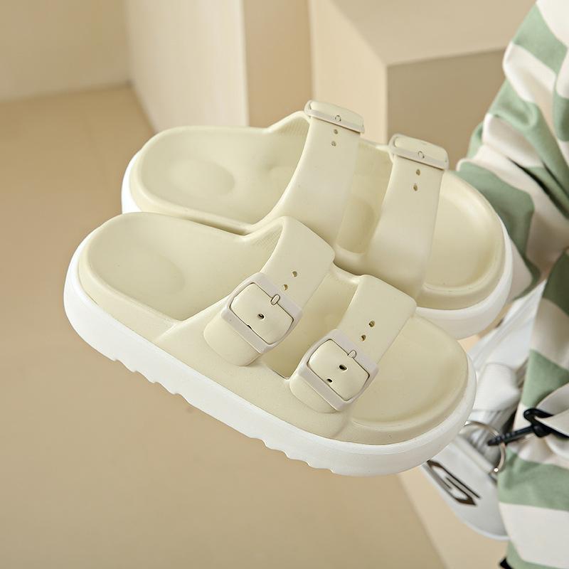 Thick Soled Height Increasing Slippers for Women In Summer, Two Tone Slippers for Outdoor Wear, Trendy Beach Anti Slip, Double Button, Straight Drag