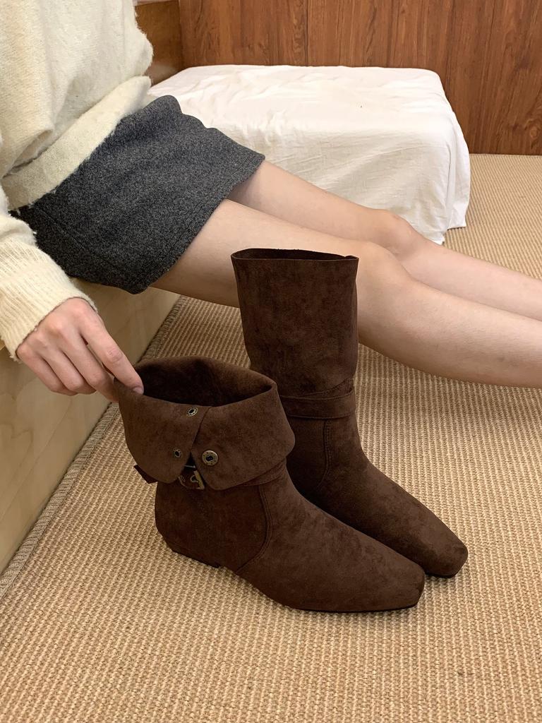 Grove Hak Suede Kleine Blote Laarzen Martin Laarzen Laarzen Riemgesp Twee Manieren te Dragen Omgeslagen Western Middelgrote Laarzen