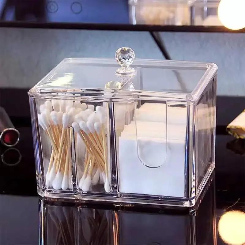 Transparent Acrylic Cotton Storage Box Cotton Swab Box Desktop Dressing Table Cosmetics Dustproof Storage Box Organizer