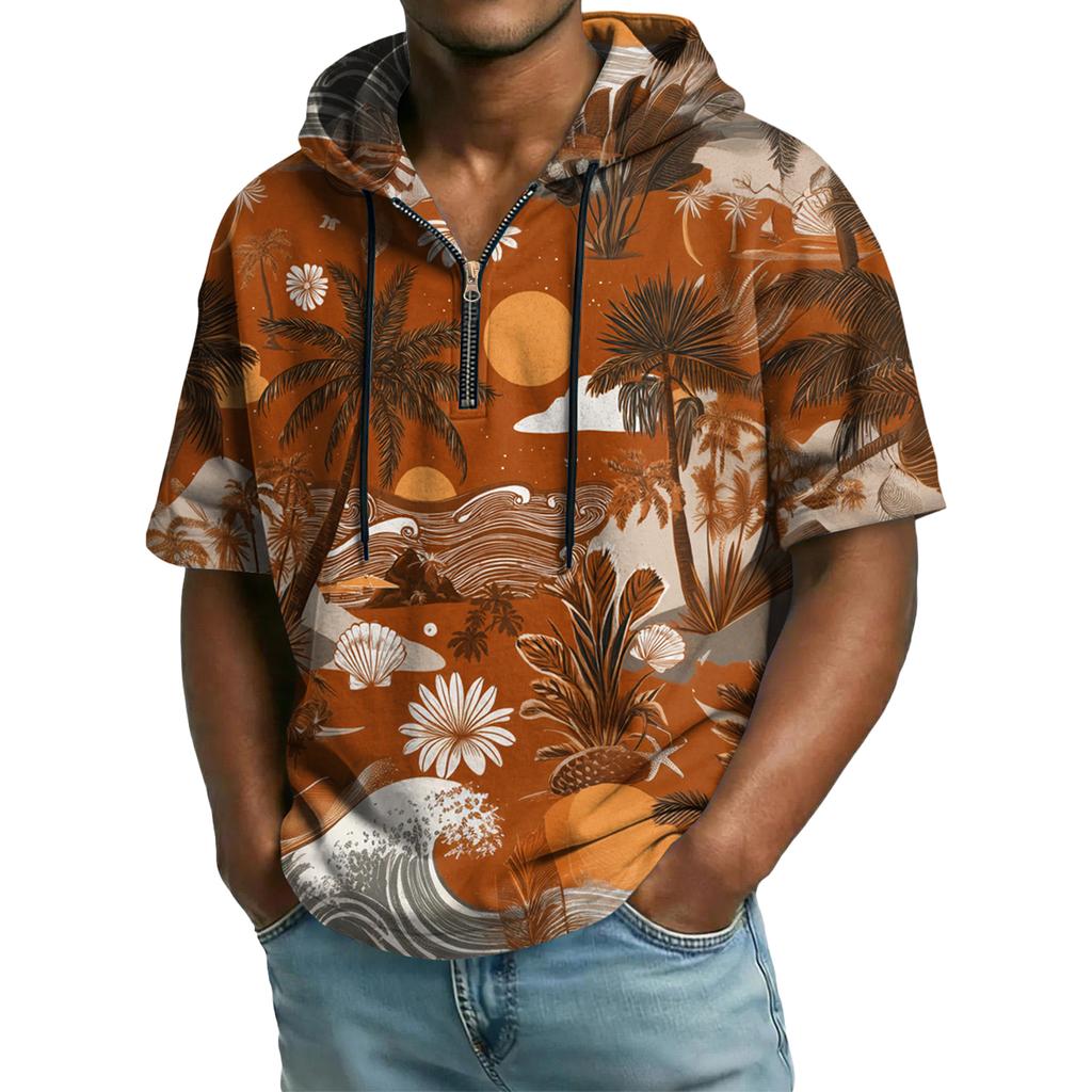 Men's Casual Hooded Zipper Neck Sweatshirt Short Sleeve Top