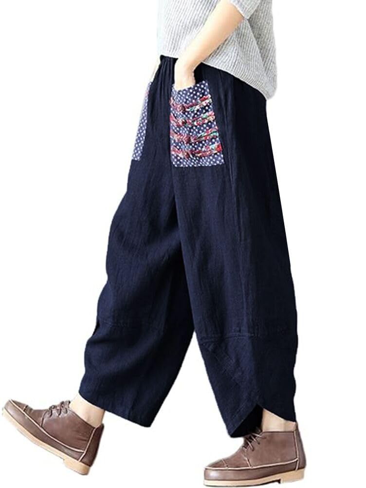 

[Minesam] Women s Long Pants, Gaucho Pants, Linen Sarouel Pants, Cotton Linen Blend, Loose Fit, Slimming Effect, Wide Leg Pants, Casual (Blue, L)