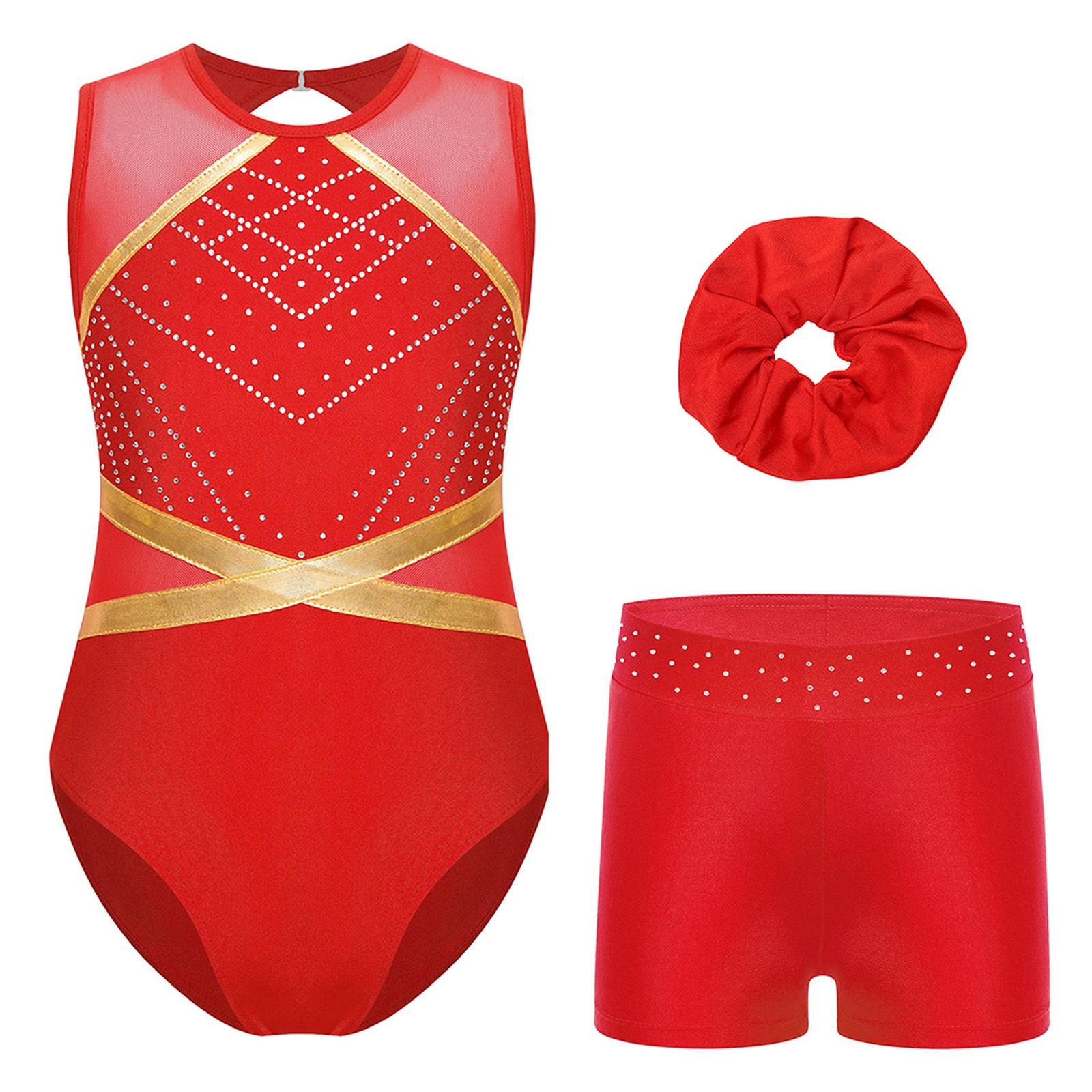 

Kids Girls 3 Piece Gymnastics Set Rhinestone Leotard Keyhole Back Sleeveless Patchwork Bodysuit Waistband Shorts Hair Tie 5-6 Years червоний