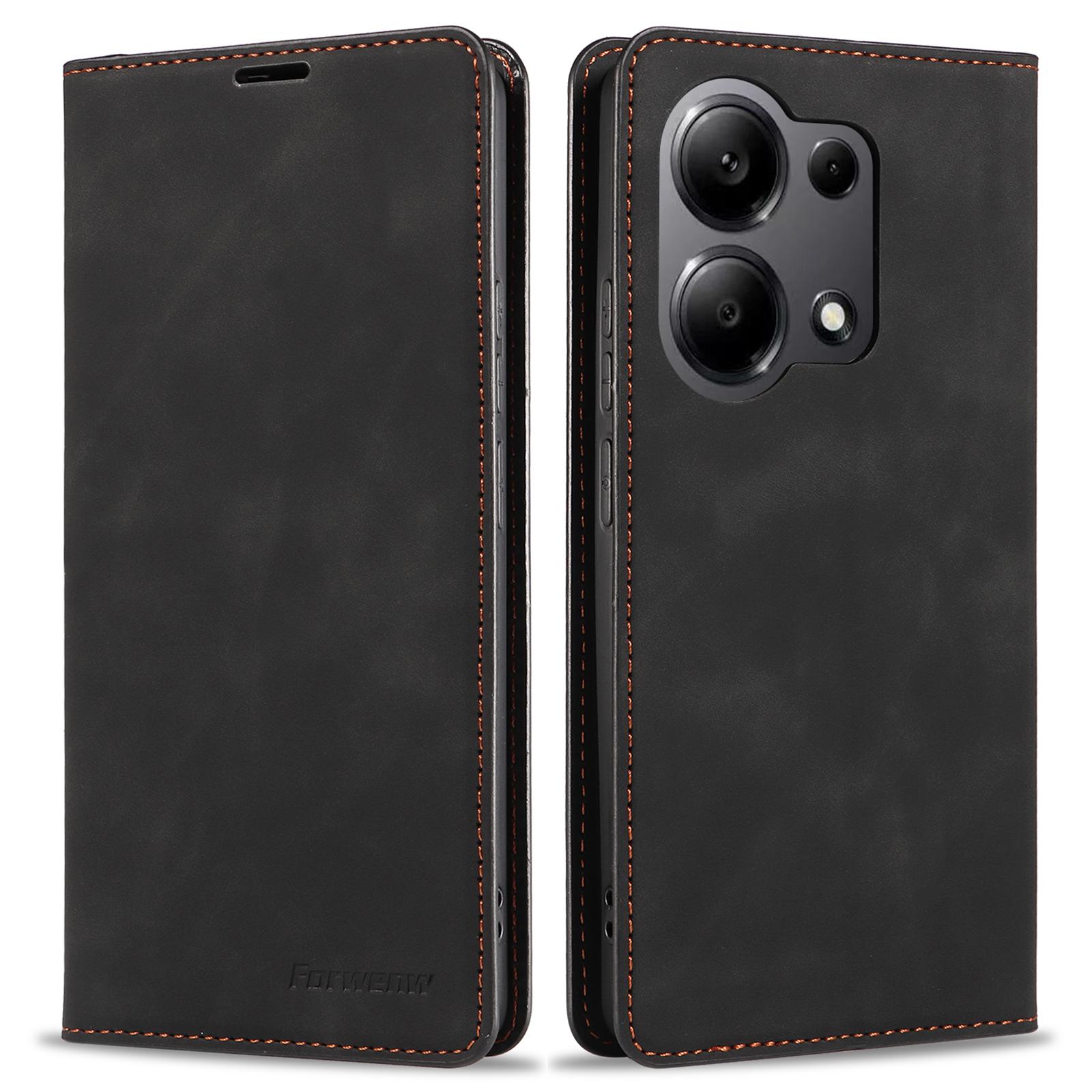 

FORWENW Для Xiaomi Redmi Note 13 Pro 4G/Poco M6 Pro 4G Чехол Прорезиненный край PU кожа Чехол для телефона Black