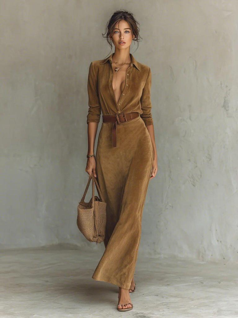2025 Autumn Women's Suede Belted Lapel Dress - Elegant & Fashionable, Single-Breasted Long Style