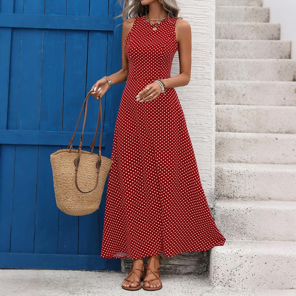 New European American French Vintage Polka Dot Sleeveless Backless Waist Cinched Vacation Dress