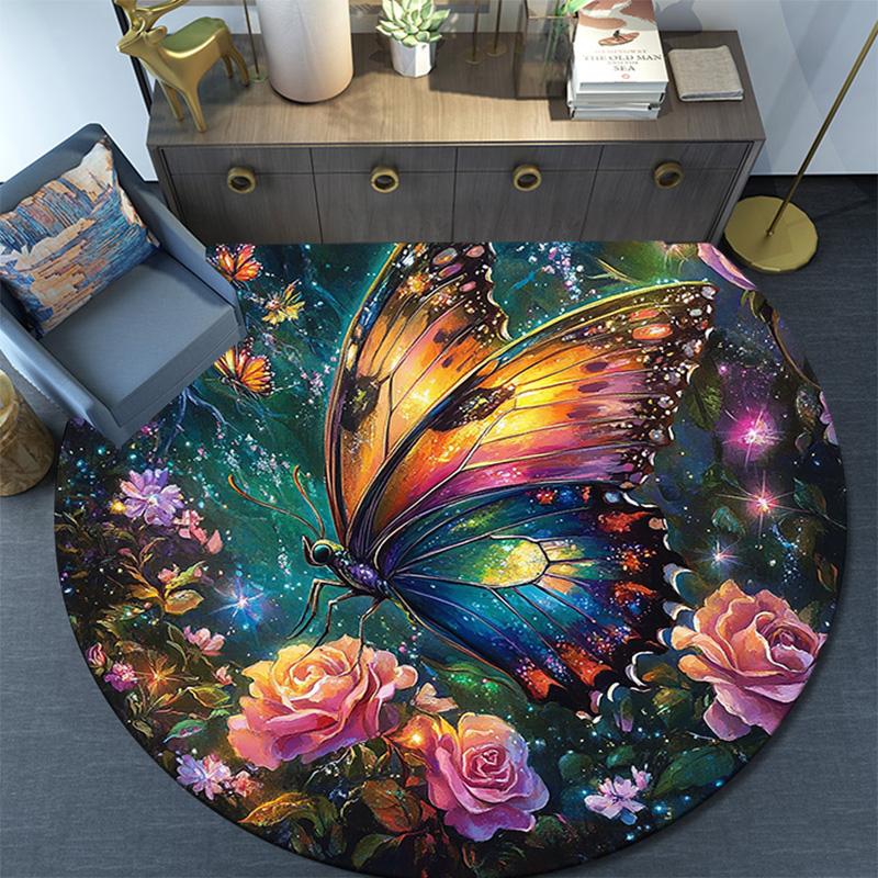 Butterfly Garden Round Area Rug,Carpet Rug for Living Room Bedroom Sofa Playroom Decor,Non-slip Floor Mat