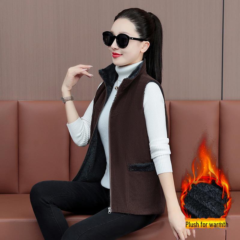 

Модный бархатный жилет с воротником-стойкой для женщин среднего возраста: Утягивающий, стильный, свободный кардиган на молнии для весны и осени L (95-110 lbs) кофейный