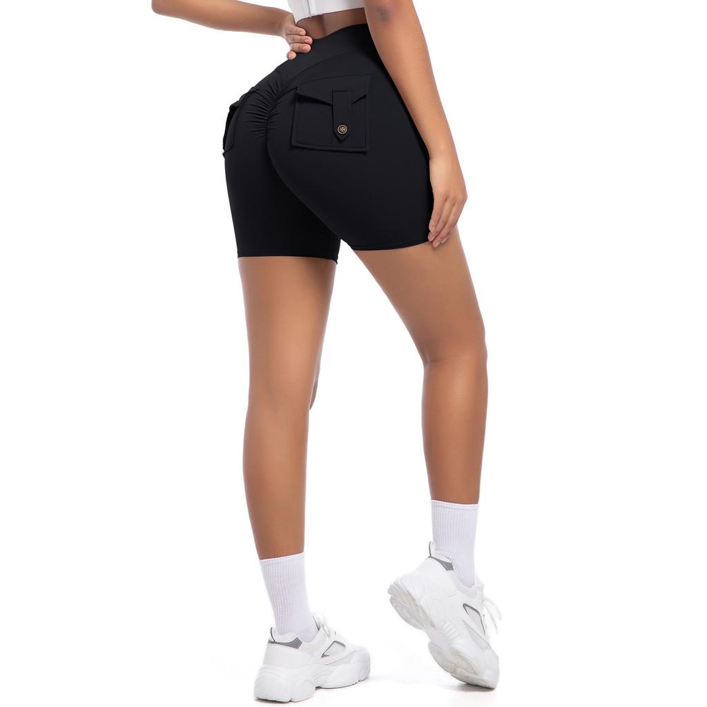 Workwear Pocket Tight Shorts Women's High Waist Elastic Hip Lifting Button Yoga Pants Speed Drying Running Fitness Pants