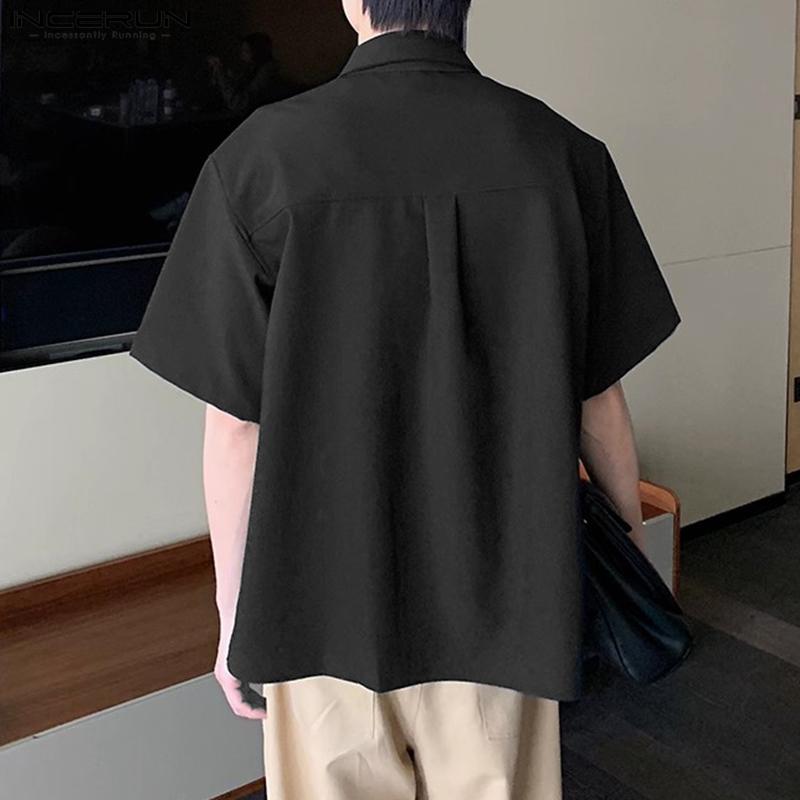 INCERUN Oversized Men Tie Up Neck Short Sleeve Solid Color Casual High Low Shirts
