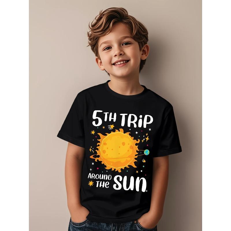 

European SizeChildrens Round-neck Short-sleeved T-shirt with Solar System Pattern Print 98cm чёрный
