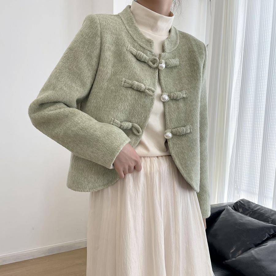 

Новый дизайн, шерстяное пальто в национальном стиле с жемчужной пластиной и пряжкой, женское осеннее двустороннее пальто