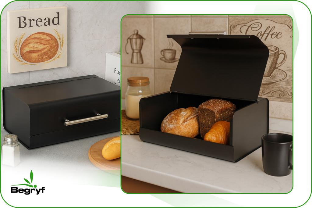 Siyah Metal Ekmek Kutusu Ekmek Kabı Modern Kulplu Çelik Mat 36X20,5X14,5 Cm | Begryf