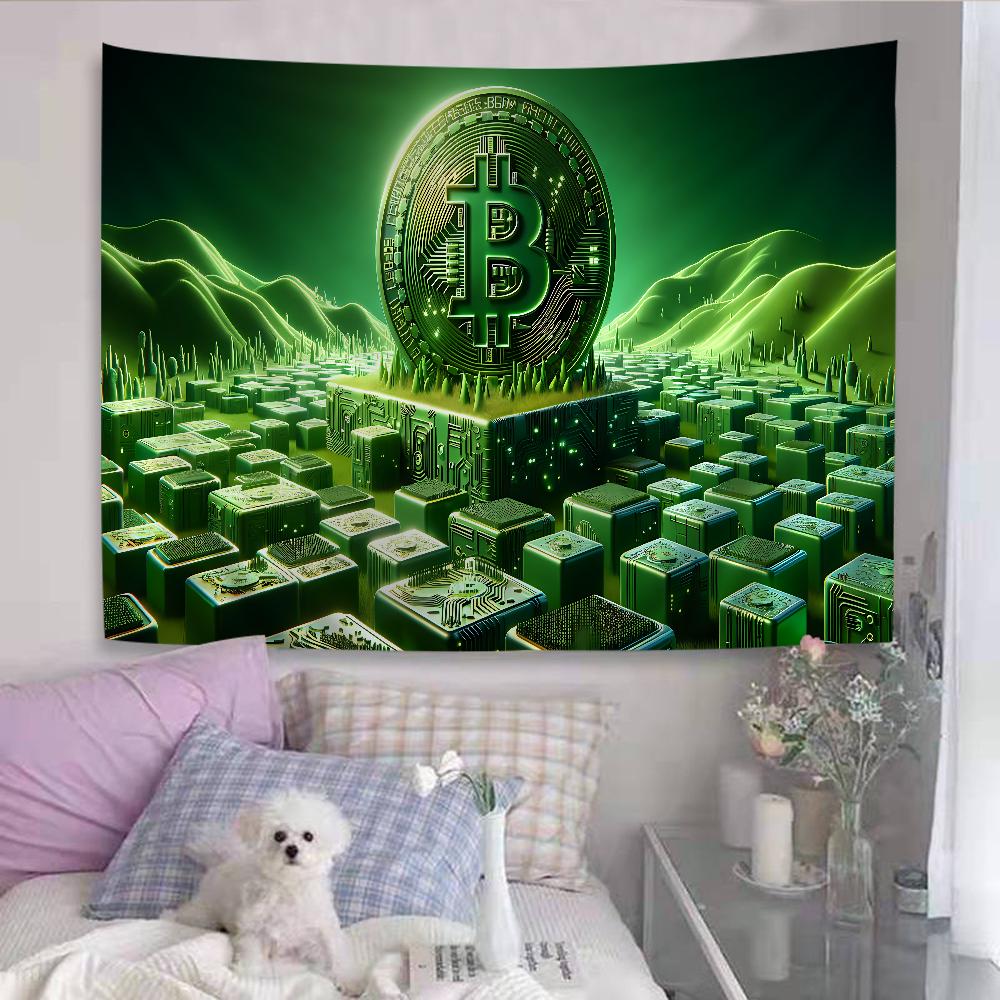 Virtual Currency Bitcoin Colorful Tapestry Wall Hanging Hippie Flower Wall Carpets Dorm Decor Wall Art Decor