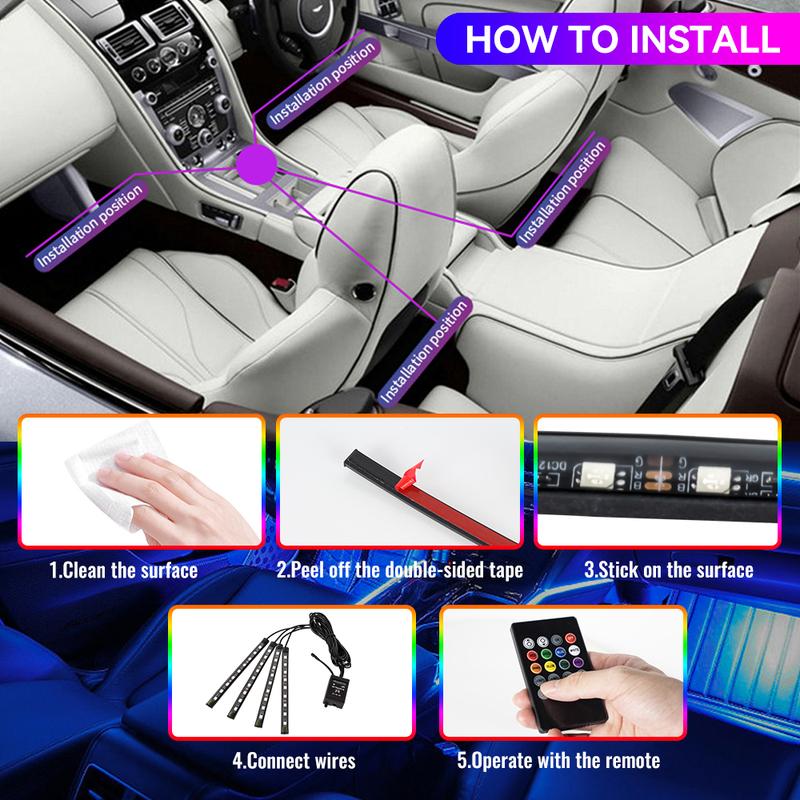 Car Interior Ambient Light Kit RGB LED Foot Strip Light Music Sync with App Remote Music Control Cig/USB Auto Decorative Lamps