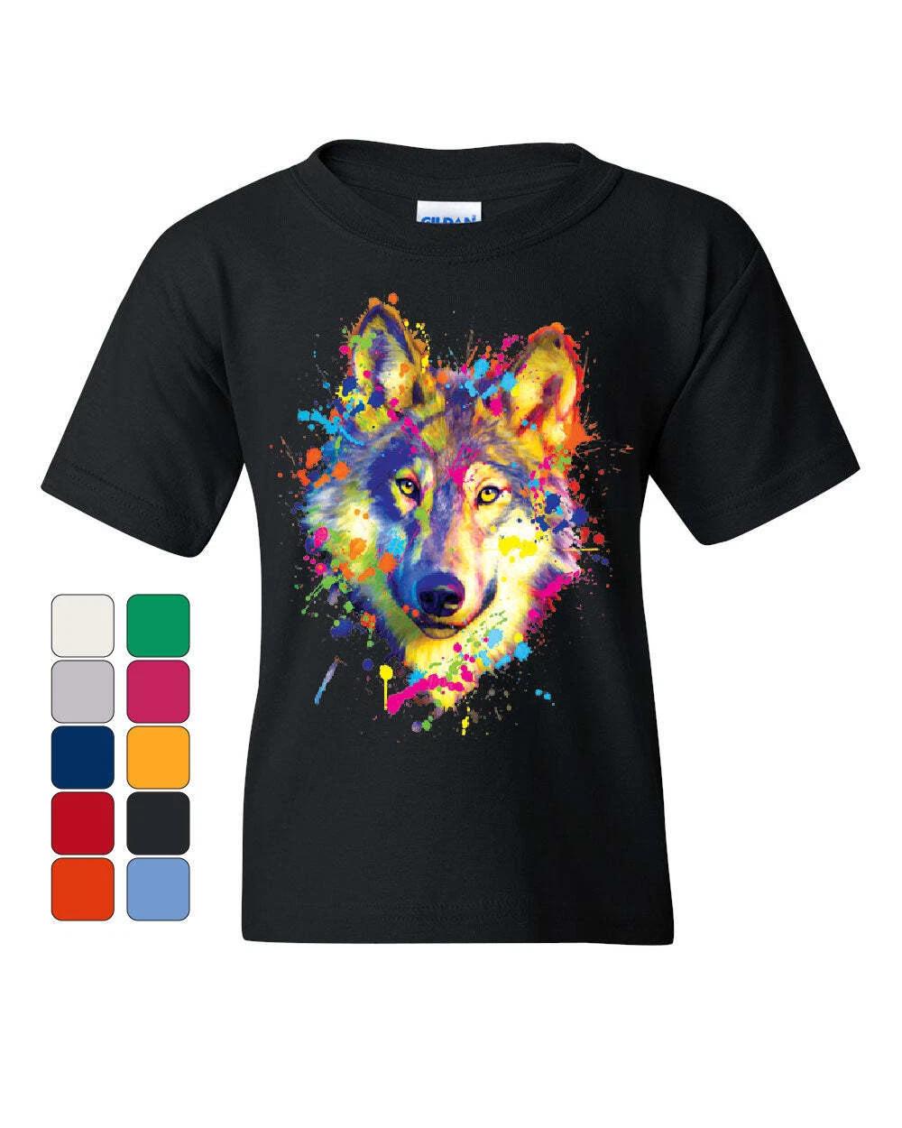 Neon Wolf Head Youth kids boys T-Shirt Paint Splatter Lone Wolf Spirit Animal Kids Tee 120