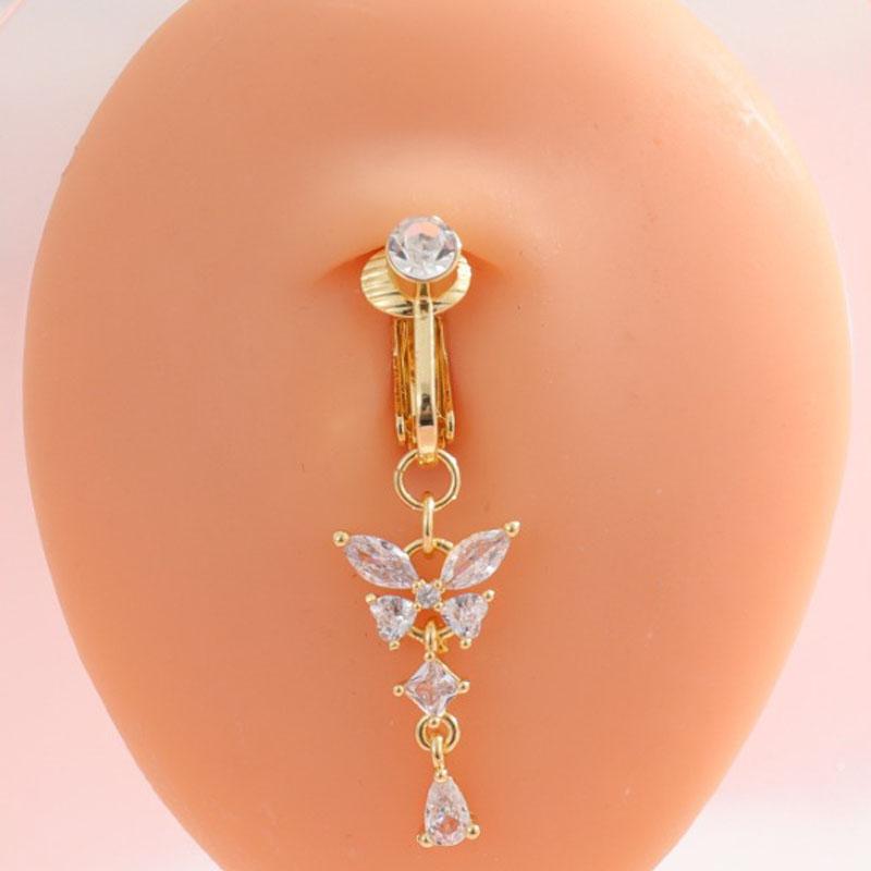 1pc Clip On Butterfly Belly Button Ring for Women, Copper Zircon Fake Belly Piercing Navel Body Jewelry Trendy Fashion Style