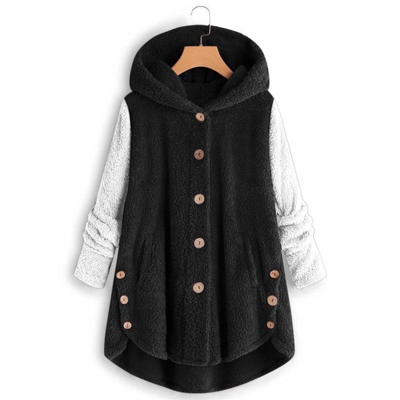 Women's Two-Tone Fleece Coat Hooded Button-Up Winter Warm Jacket