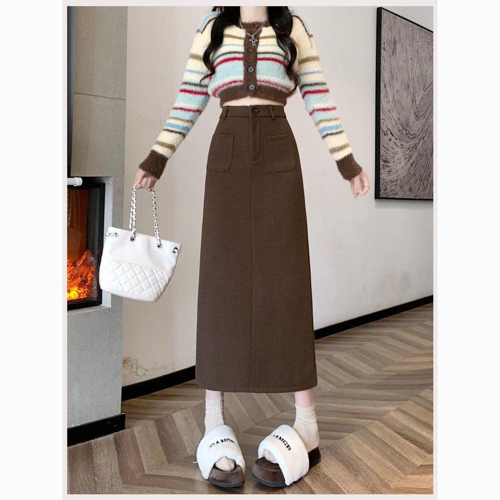 2025 Autumn/Winter Woolen High-Waisted Slimming Straight Midi Skirt with Slit