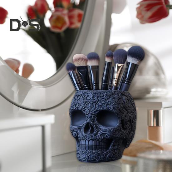 Makeup Brush Holder Skull Shape Large Capacity Makeup Brush Container Sturdy Resin Construction Storage Organizer