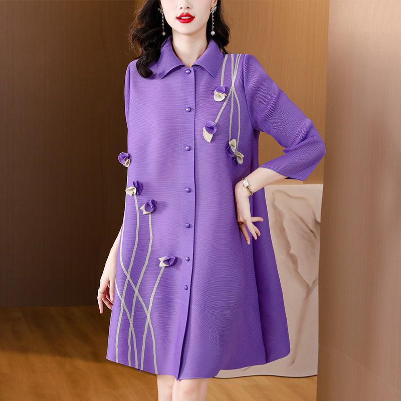 "Miyake Pleats 2025 Autumn Women's Loose Solid Color A-Line Dress (Large Size)"