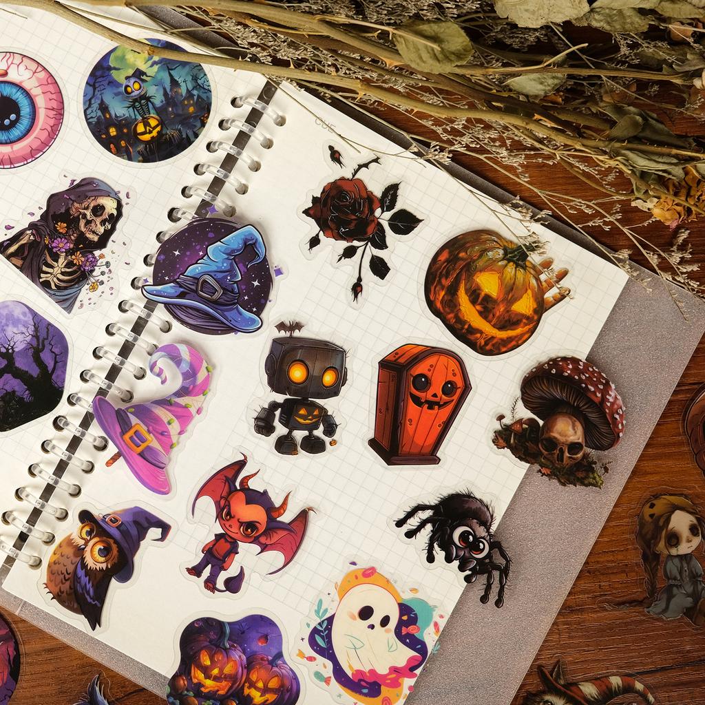 50pcs PET Halloween stickers, featuring cartoon ghosts, black cats, waterproof witches designs for holiday parties gifts for kid