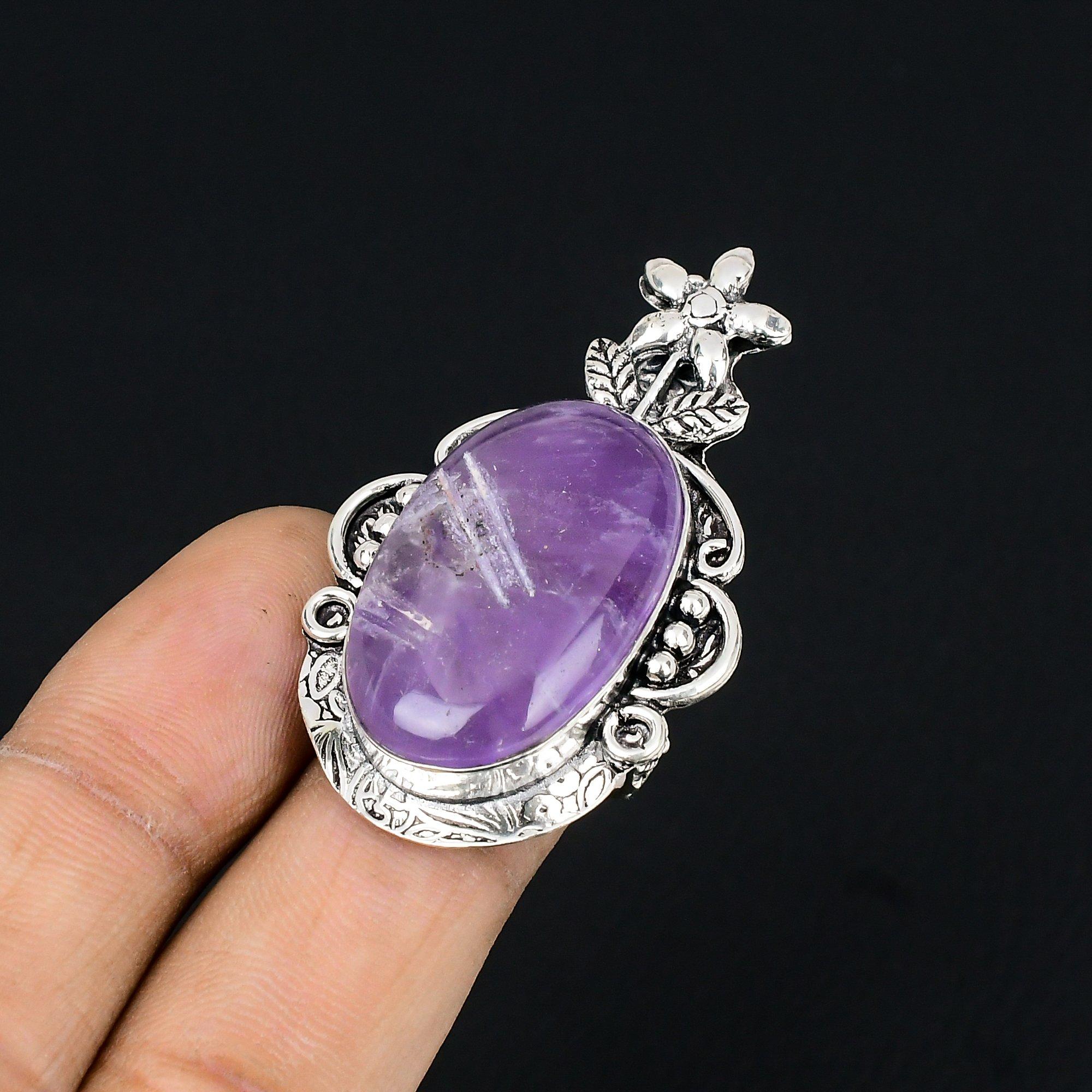 Star Amethyst Stone Flower Mother Promise Statement Ring Sterling Silver US 6.5 6.5