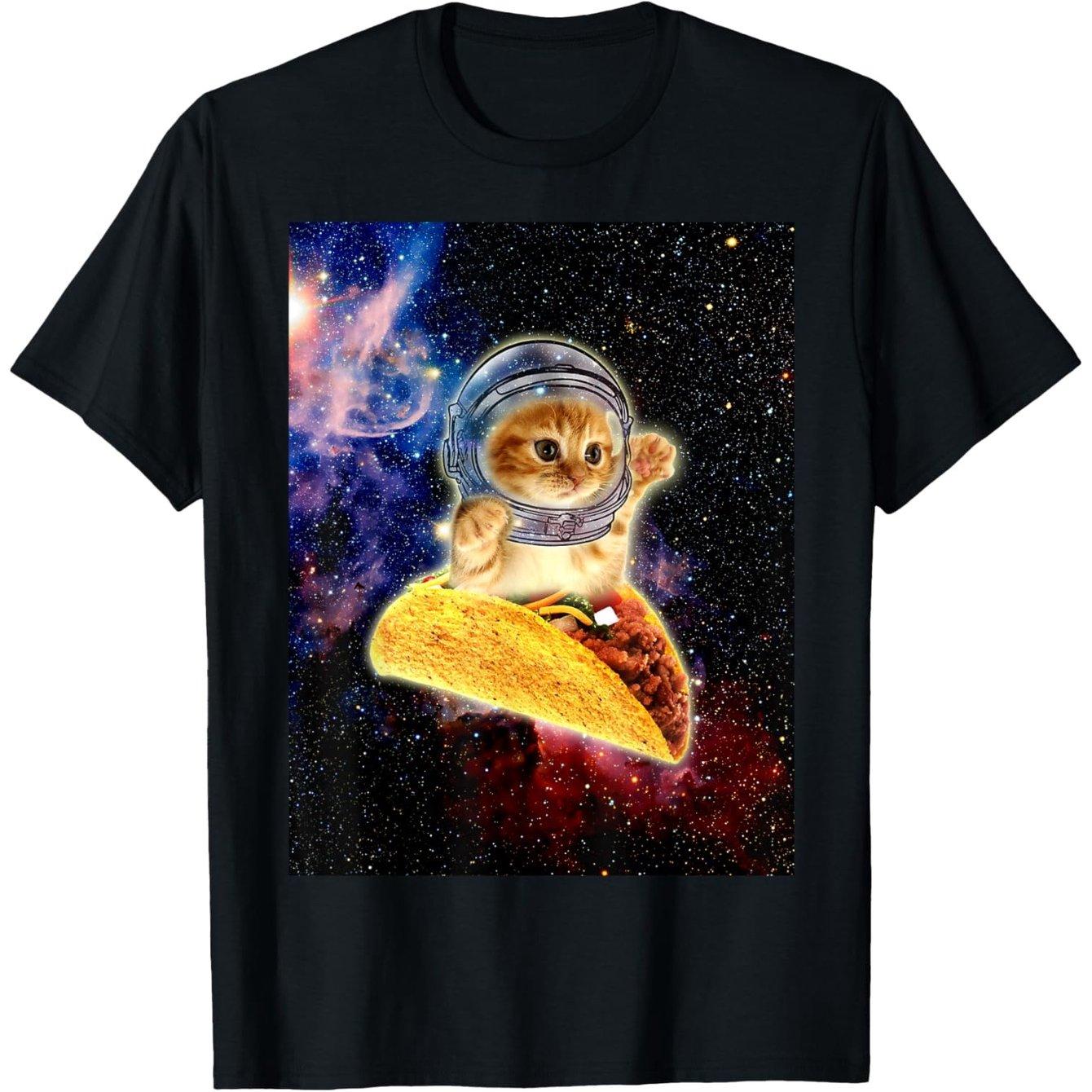 Звезды Космический Кот Едет на Тако Астронавт Графическая Футболка Смешная Космическое Животное Любитель Повседневная Футболка S