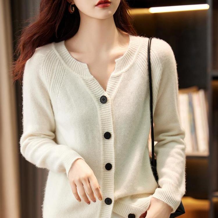 Loose Knit Cardigan for Women Versatile Long Sleeve Solid Color V Neck Jacket Autumn Winter