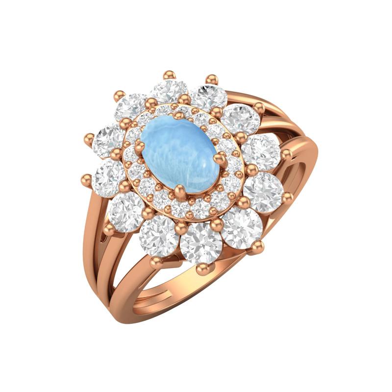 

6X4MM Oval Larimar Gemstone 925 Sterling Silver Rose Plated Halo Split Shank Ring 9 Яскраво-рожевий